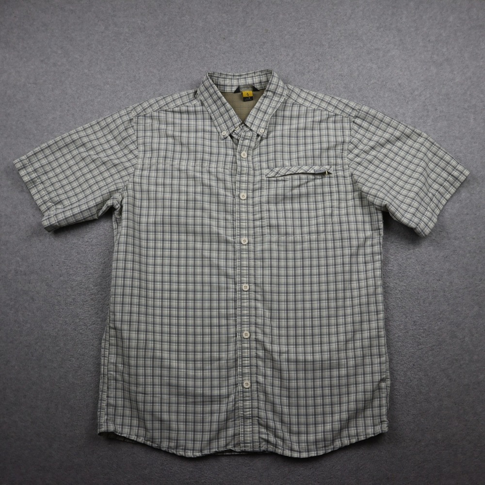Eddie Bauer Shirt Mens M Travex Short Sleeve Plaid Gray Button Up Hiking Outdoor
